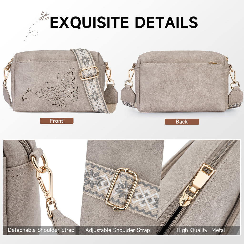 Butterfly design Triple Zip Small Crossbody Bag for women,Wide Strap Cell Phone Shoulder Handbag Travel Purse Built in Wallet（GRAY）（复制） APHISON