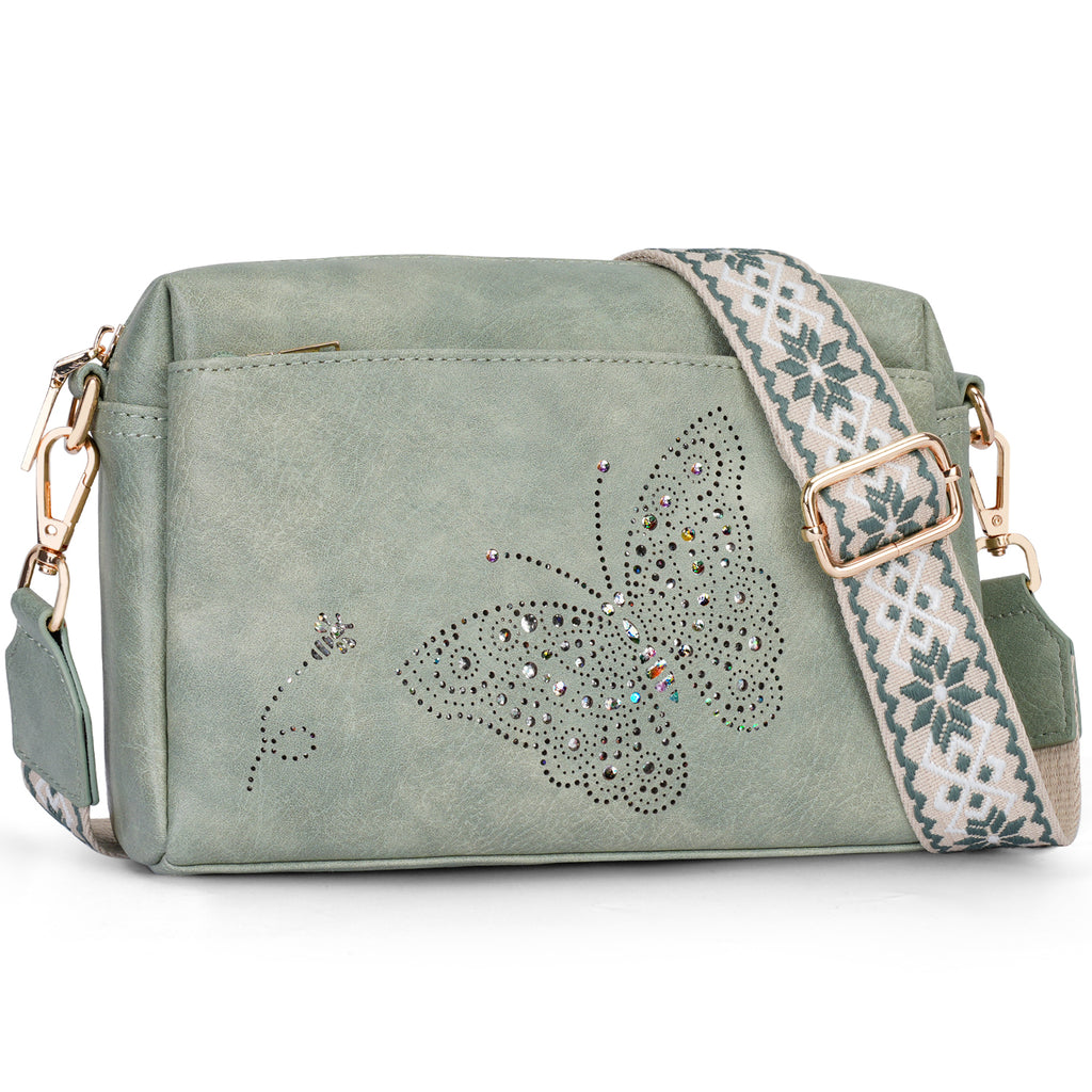 Butterfly design Triple Zip Small Crossbody Bag for women,Wide Strap Cell Phone Shoulder Handbag Travel Purse Built in Wallet（GREEN） APHISON