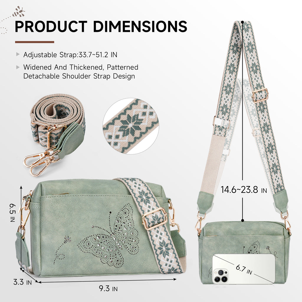 Butterfly design Triple Zip Small Crossbody Bag for women,Wide Strap Cell Phone Shoulder Handbag Travel Purse Built in Wallet（GREEN） APHISON