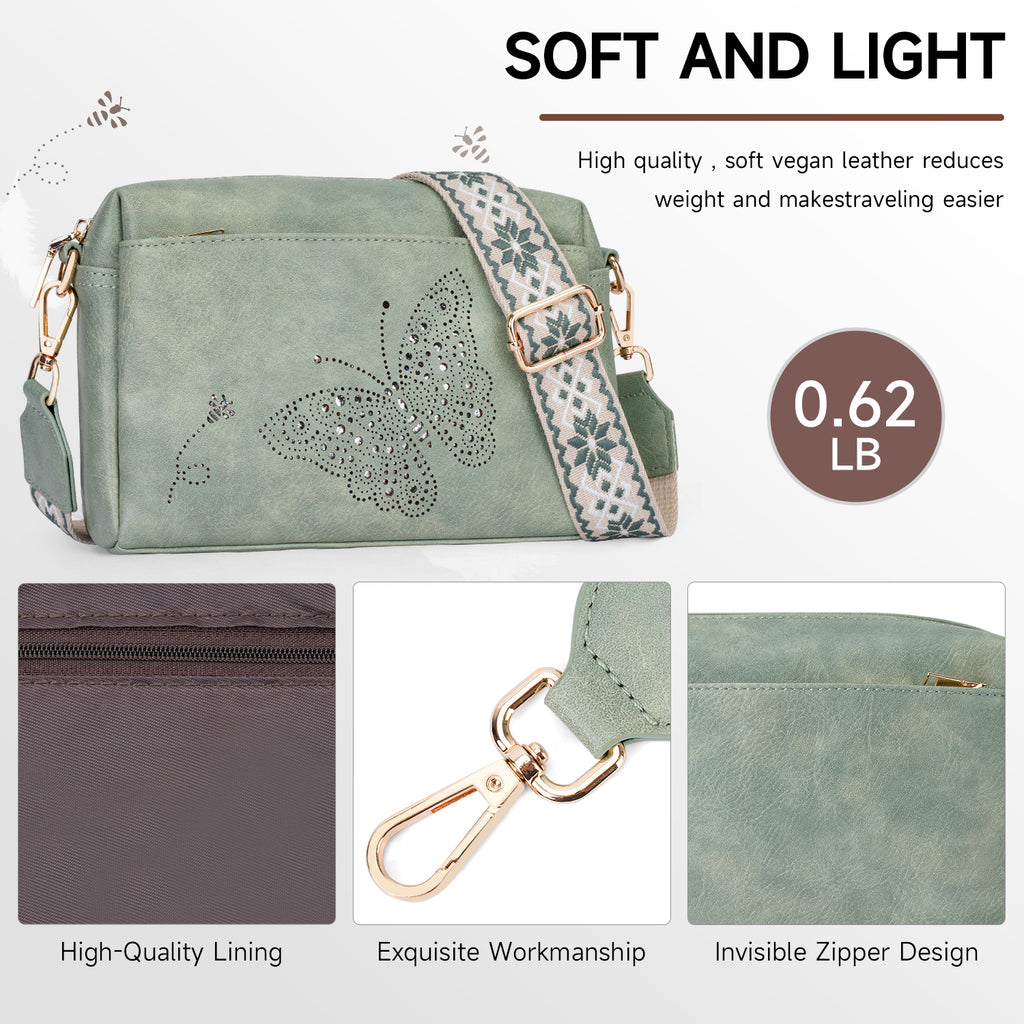 Butterfly design Triple Zip Small Crossbody Bag for women,Wide Strap Cell Phone Shoulder Handbag Travel Purse Built in Wallet（GREEN） APHISON