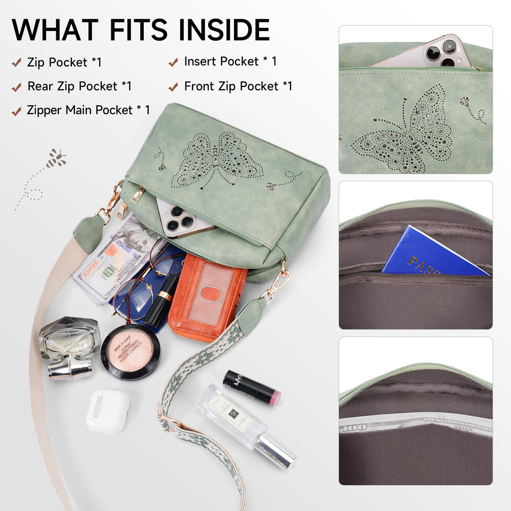 Butterfly design Triple Zip Small Crossbody Bag for women,Wide Strap Cell Phone Shoulder Handbag Travel Purse Built in Wallet（GREEN） APHISON