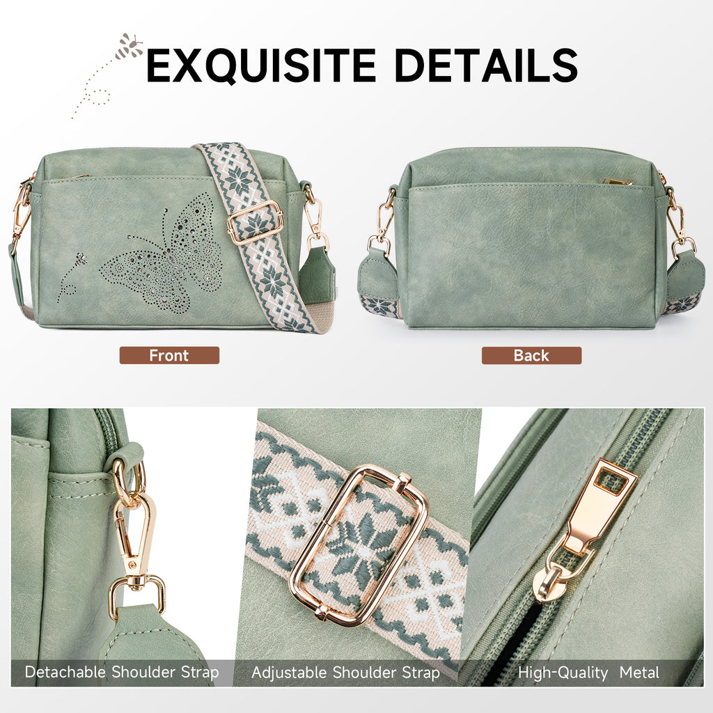 Butterfly design Triple Zip Small Crossbody Bag for women,Wide Strap Cell Phone Shoulder Handbag Travel Purse Built in Wallet（GREEN） APHISON