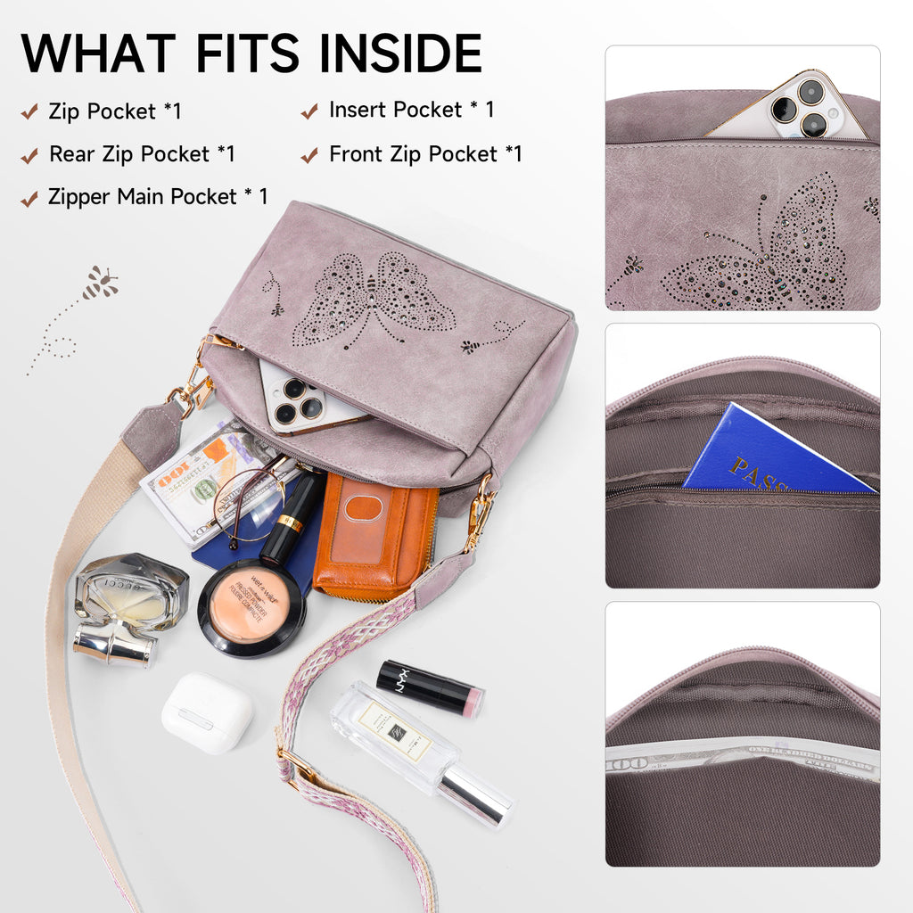 Butterfly design Triple Zip Small Crossbody Bag for women,Wide Strap Cell Phone Shoulder Handbag Travel Purse Built in Wallet（GREEN）（复制） APHISON