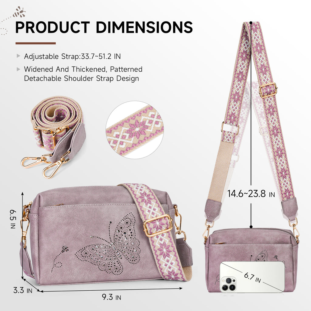 Butterfly design Triple Zip Small Crossbody Bag for women,Wide Strap Cell Phone Shoulder Handbag Travel Purse Built in Wallet（GREEN）（复制） APHISON