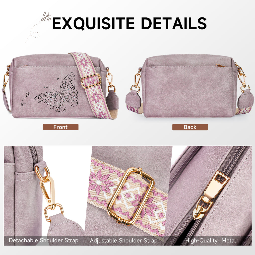 Butterfly design Triple Zip Small Crossbody Bag for women,Wide Strap Cell Phone Shoulder Handbag Travel Purse Built in Wallet（GREEN）（复制） APHISON