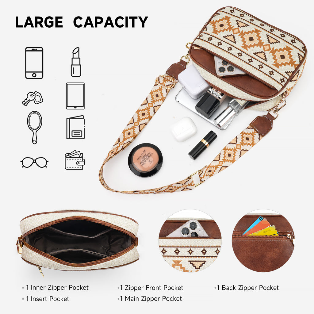 Crossbody Bag Boho Aztec Small Multi Pocket Crossover Purse for Women（WHITE-A） APHISON