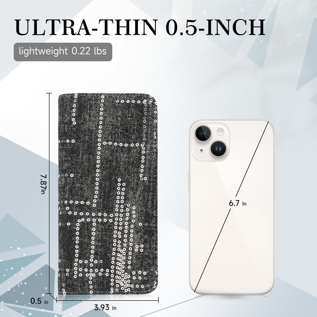 Womens Fashion Bifold Around Wallet Jean Denim Long Purse Credit Card Holder Ultra Slim Ladies Wallets（BLACK） APHISON