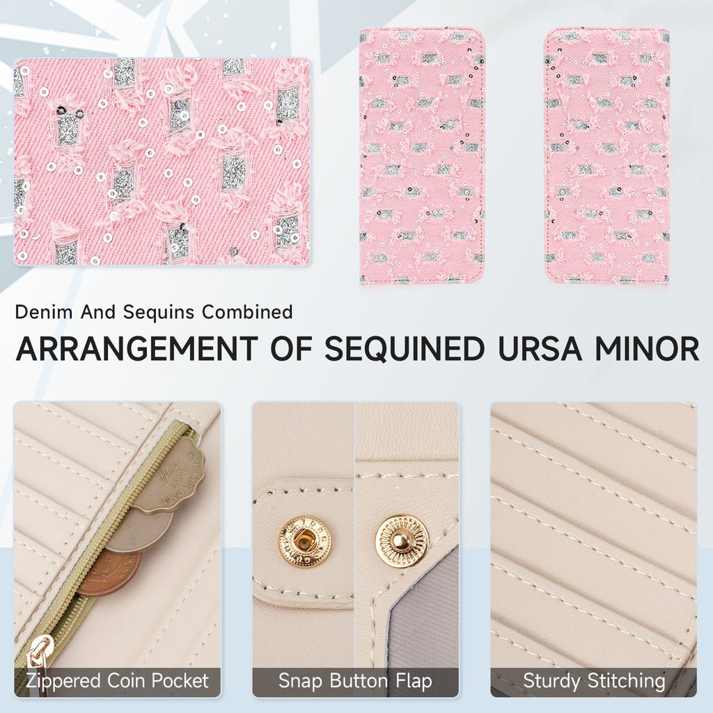 Butterfly Denim Womens Fashion Bifold Around Wallet Jean Denim Long Purse Credit Card Holder Ultra Slim Ladies Wallets（A-PINK） APHISON