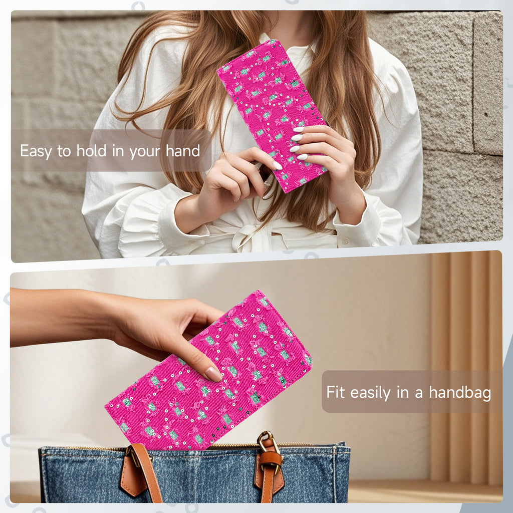 Sequins Denim Womens Fashion Bifold Around Wallet Jean Denim Long Purse Credit Card Holder Ultra Slim Ladies Wallets（A-RED）（复制） APHISON