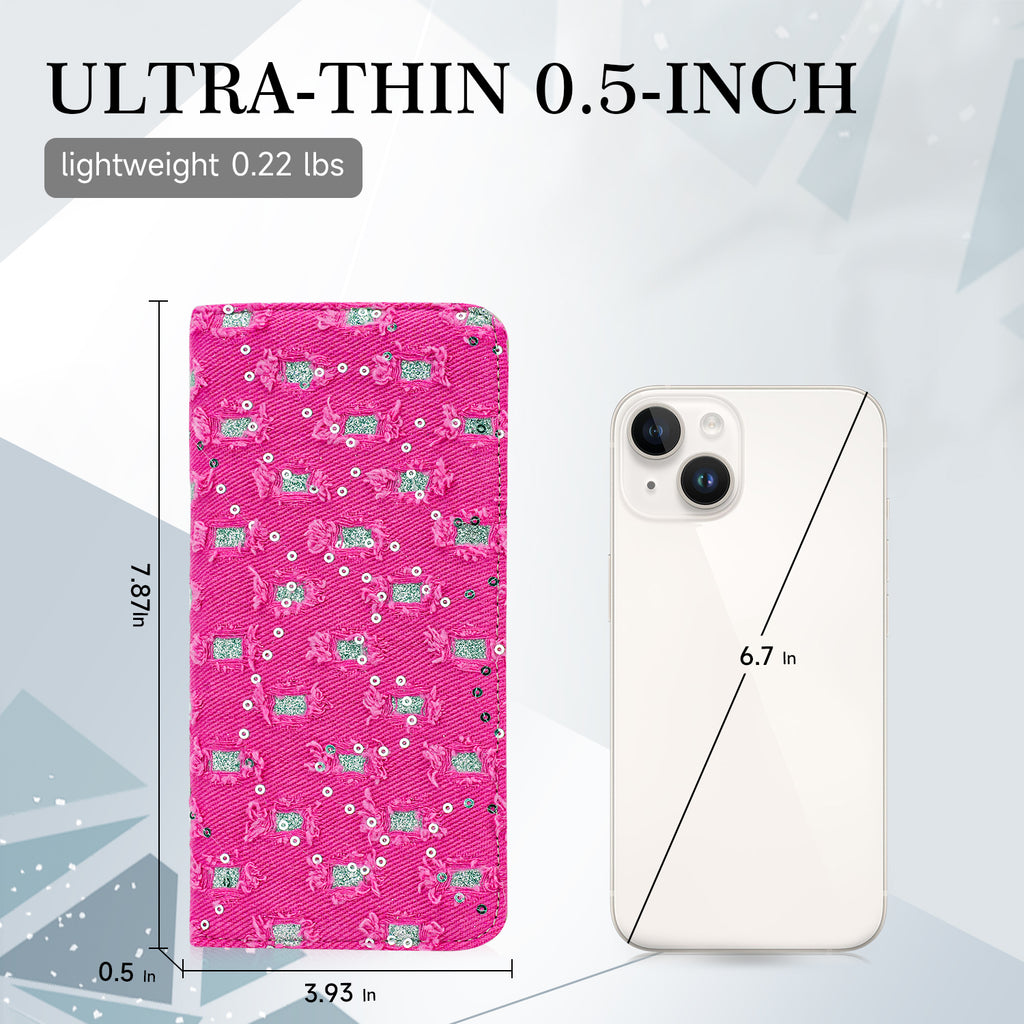 Sequins Denim Womens Fashion Bifold Around Wallet Jean Denim Long Purse Credit Card Holder Ultra Slim Ladies Wallets（A-RED）（复制） APHISON