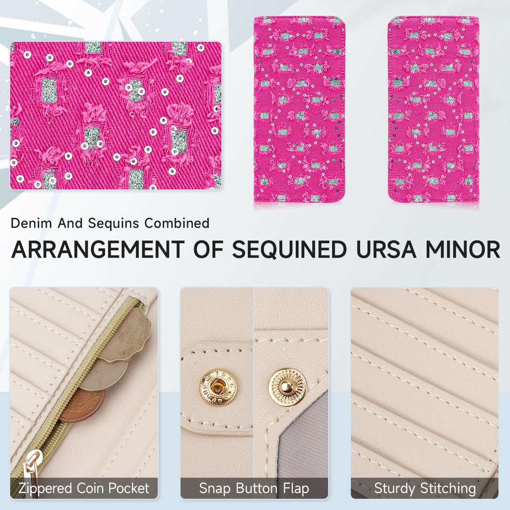 Sequins Denim Womens Fashion Bifold Around Wallet Jean Denim Long Purse Credit Card Holder Ultra Slim Ladies Wallets（A-RED）（复制） APHISON