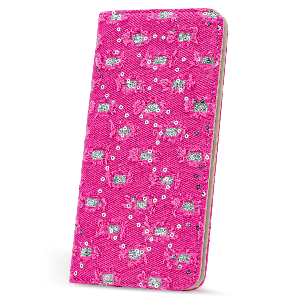 Sequins Denim Womens Fashion Bifold Around Wallet Jean Denim Long Purse Credit Card Holder Ultra Slim Ladies Wallets（A-RED）（复制） APHISON