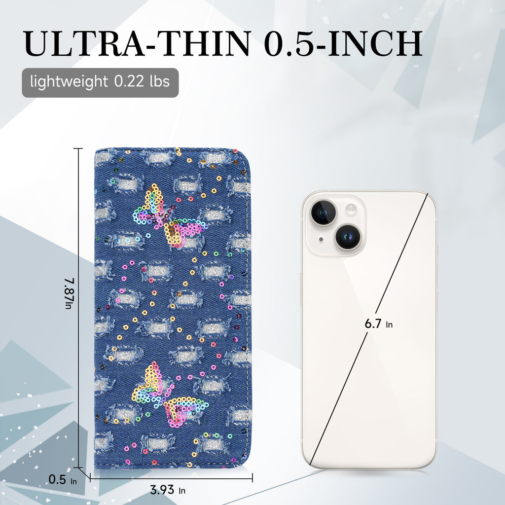 Butterfly Denim Womens Fashion Bifold Around Wallet Jean Denim Long Purse Credit Card Holder Ultra Slim Ladies Wallets（BH-BLUE）（复制） APHISON