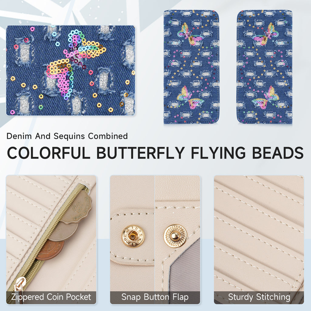 Butterfly Denim Womens Fashion Bifold Around Wallet Jean Denim Long Purse Credit Card Holder Ultra Slim Ladies Wallets（BH-BLUE） APHISON