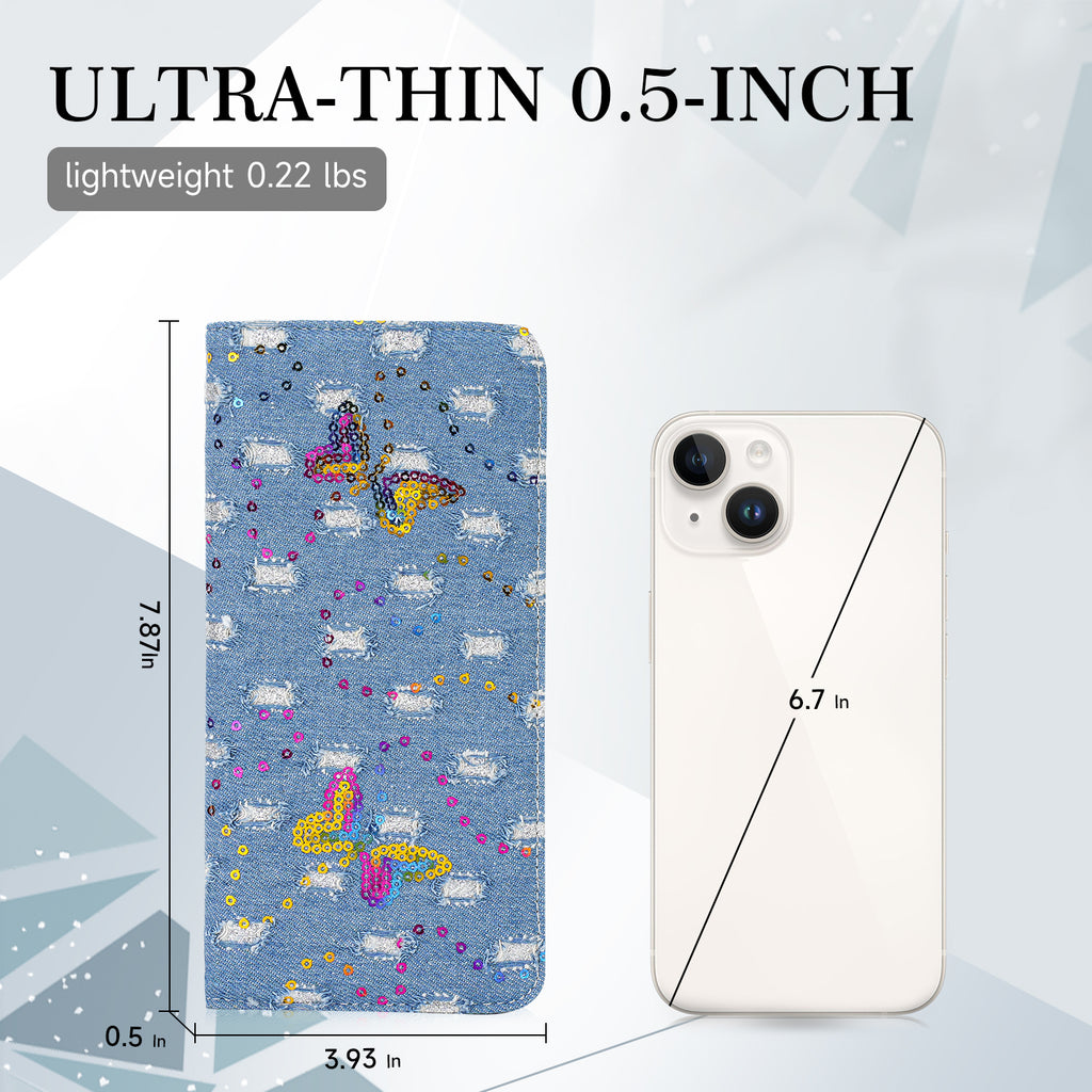 Butterfly Denim Womens Fashion Bifold Around Wallet Jean Denim Long Purse Credit Card Holder Ultra Slim Ladies Wallets（BH-LIGHTBLUE）（复制） APHISON