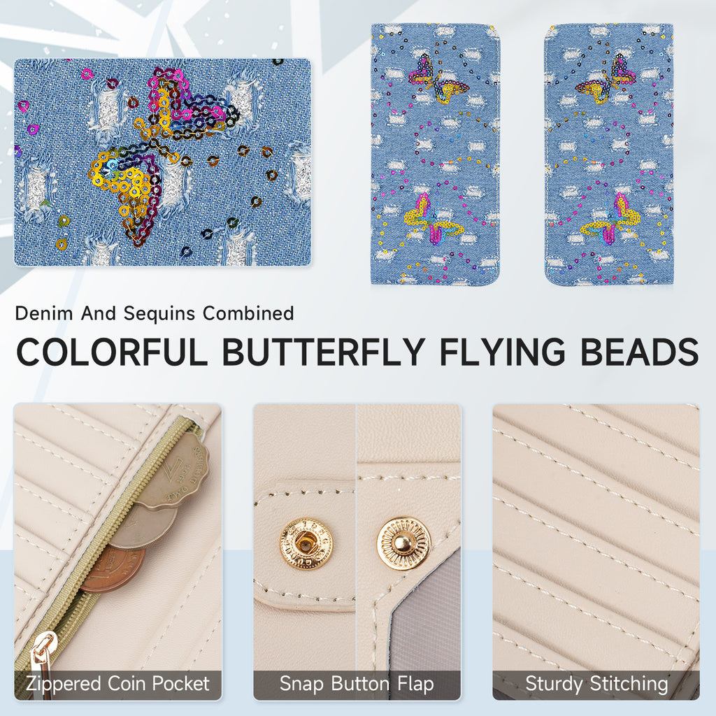 Butterfly Denim Womens Fashion Bifold Around Wallet Jean Denim Long Purse Credit Card Holder Ultra Slim Ladies Wallets（BH-LIGHTBLUE）（复制） APHISON