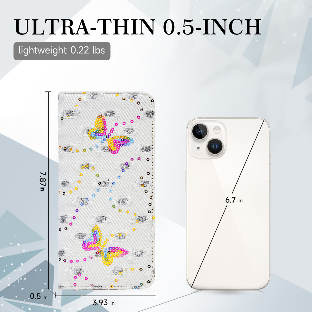 Butterfly Denim Womens Fashion Bifold Around Wallet Jean Denim Long Purse Credit Card Holder Ultra Slim Ladies Wallets（BH-WHITE） APHISON