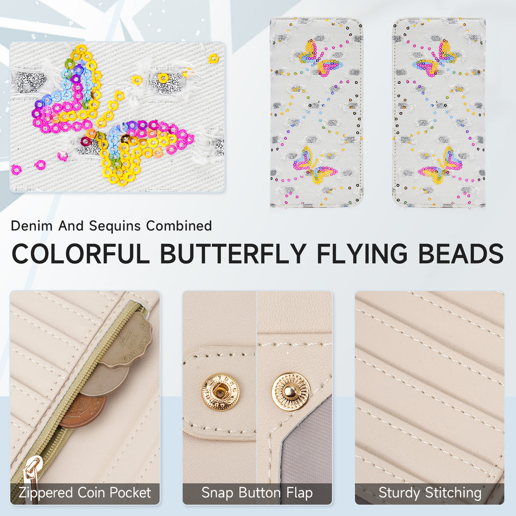 Butterfly Denim Womens Fashion Bifold Around Wallet Jean Denim Long Purse Credit Card Holder Ultra Slim Ladies Wallets（BH-WHITE） APHISON