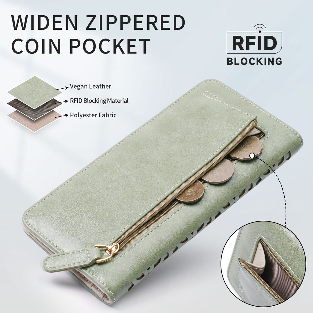 Women's RFID Long Bifold Wallet Ultra Slim Thin PU Leather Card Holder Purse Elegant Clutch Wallet With Zipper Coin Pocket （GREEN）（复制） APHISON