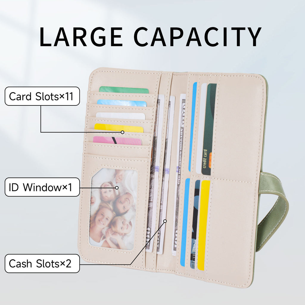 Women's RFID Long Bifold Wallet Ultra Slim Thin PU Leather Card Holder Purse Elegant Clutch Wallet With Zipper Coin Pocket （GREEN）（复制） APHISON