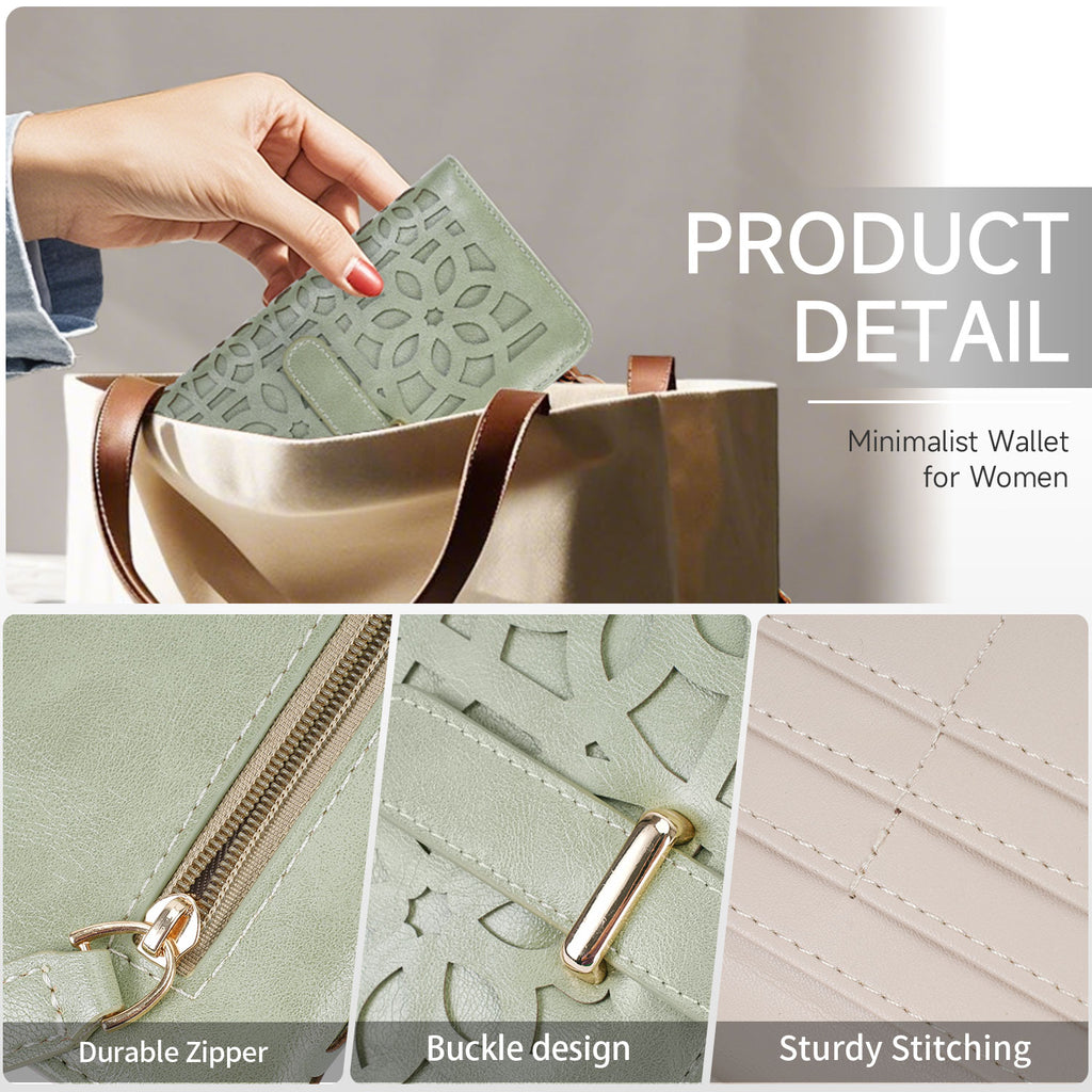 Women's RFID Long Bifold Wallet Ultra Slim Thin PU Leather Card Holder Purse Elegant Clutch Wallet With Zipper Coin Pocket （GREEN）（复制） APHISON