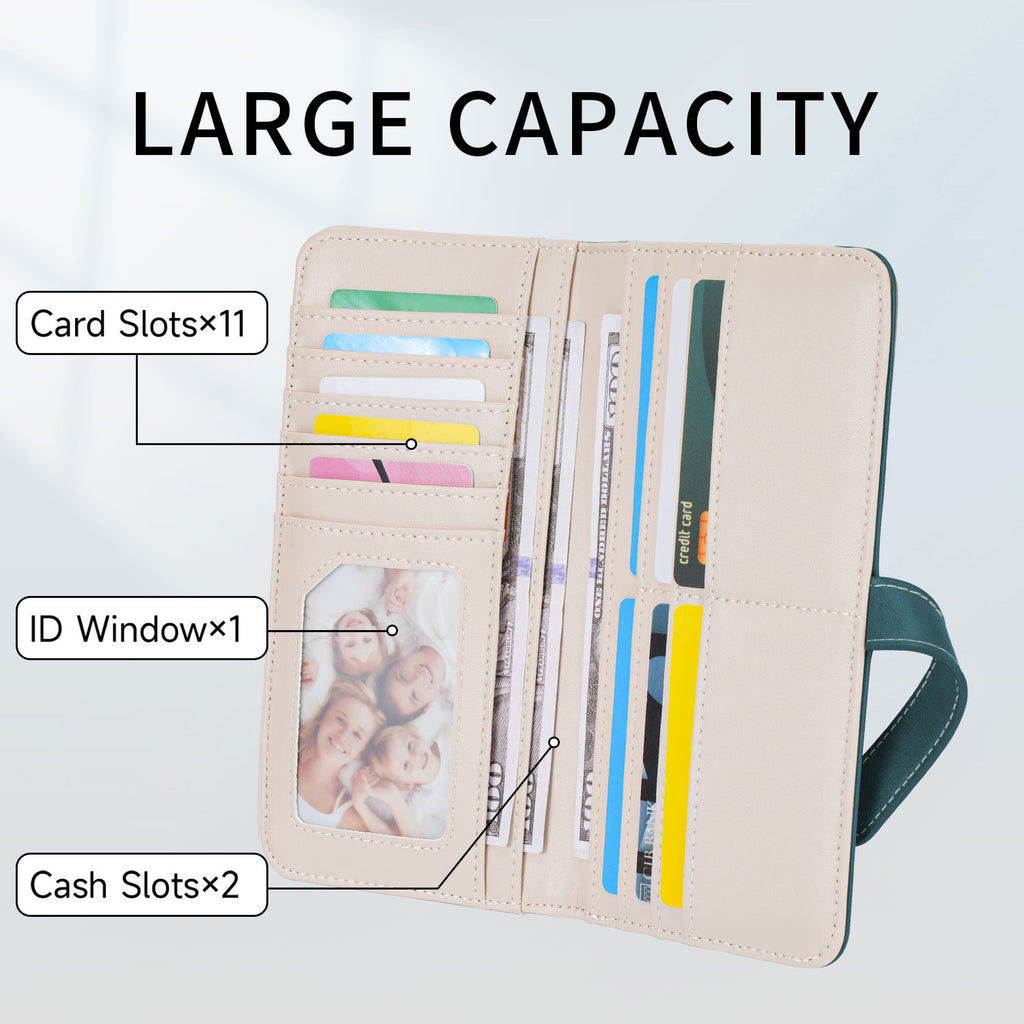 Women's RFID Long Bifold Wallet Ultra Slim Thin PU Leather Card Holder Purse Elegant Clutch Wallet With Zipper Coin Pocket （PEACOCK-BLUE）（复制） APHISON