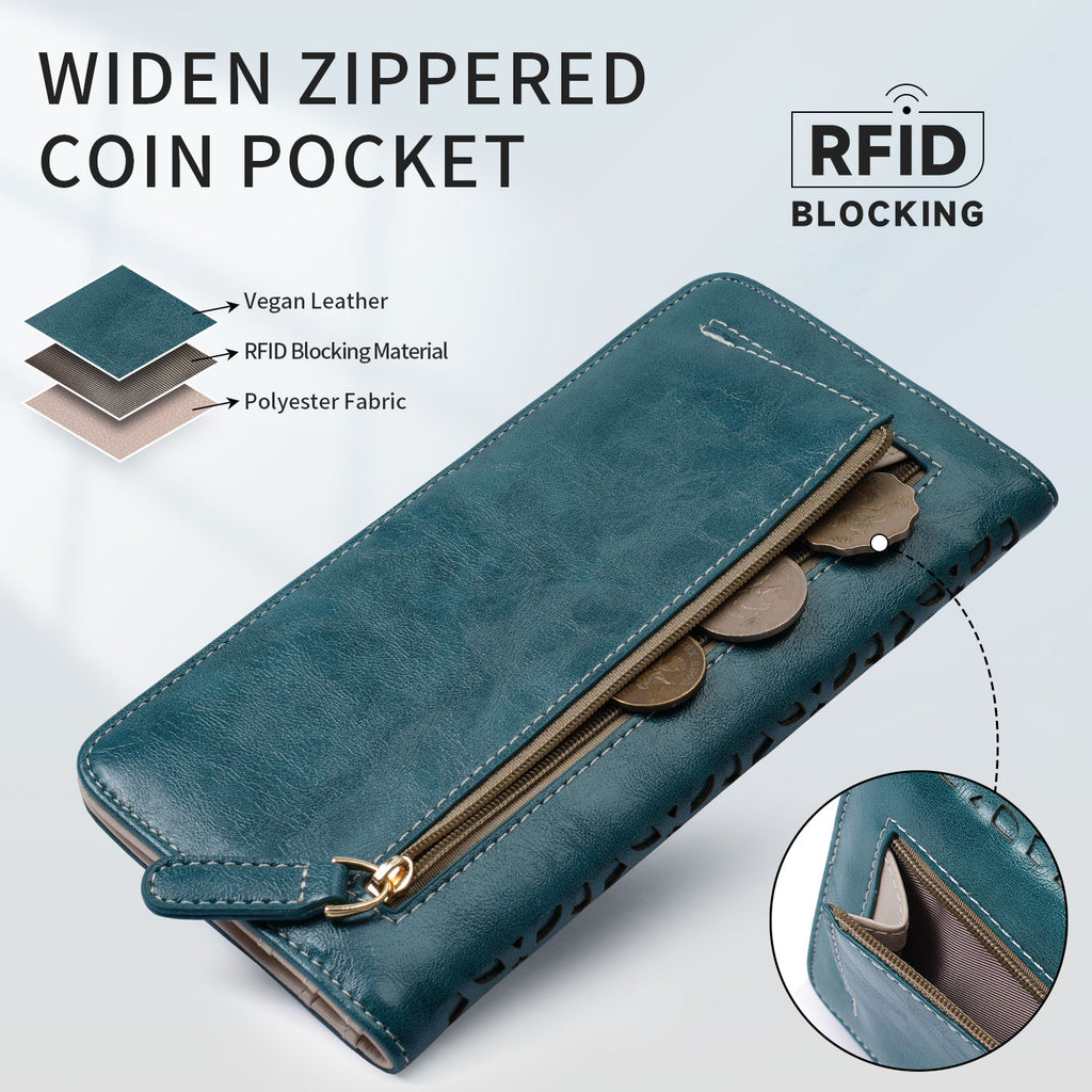 Women's RFID Long Bifold Wallet Ultra Slim Thin PU Leather Card Holder Purse Elegant Clutch Wallet With Zipper Coin Pocket （PEACOCK-BLUE）（复制） APHISON