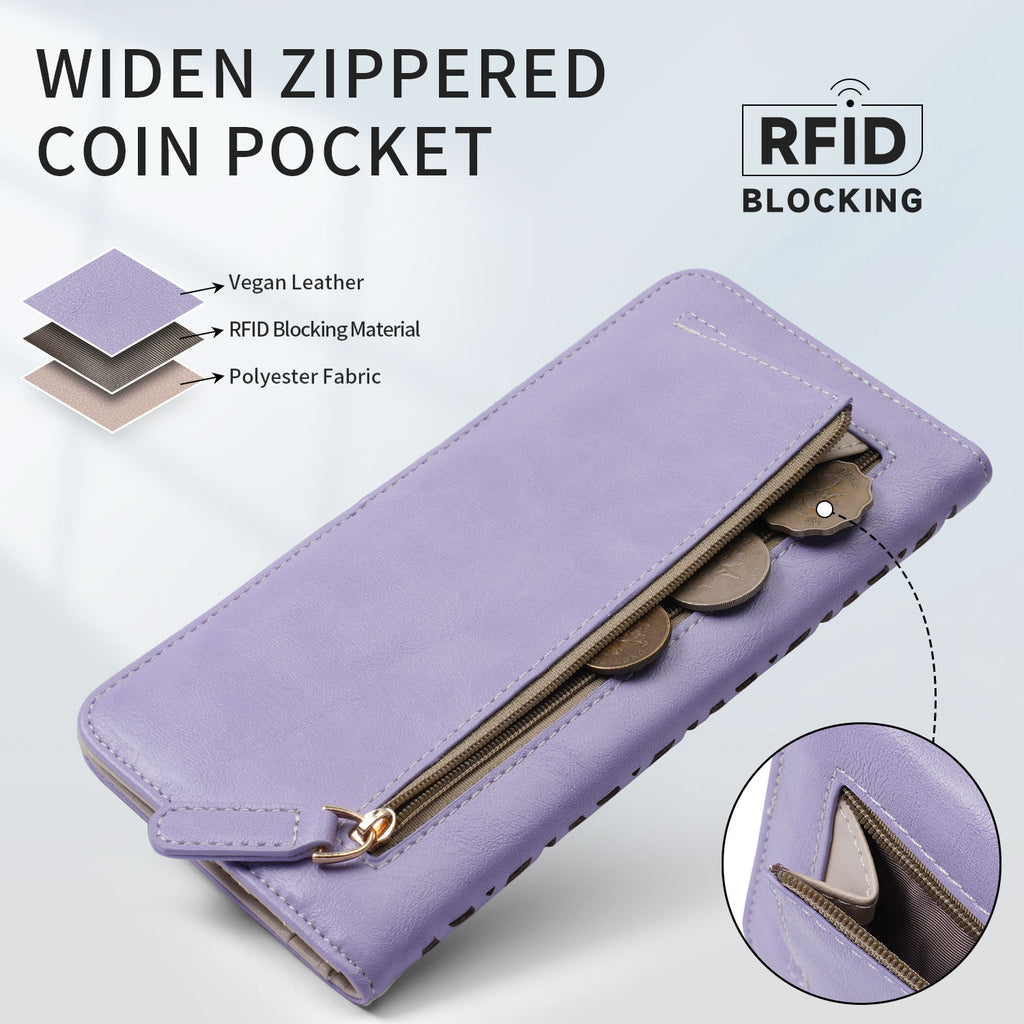 Women's RFID Long Bifold Wallet Ultra Slim Thin PU Leather Card Holder Purse Elegant Clutch Wallet With Zipper Coin Pocket （PURPLE） APHISON
