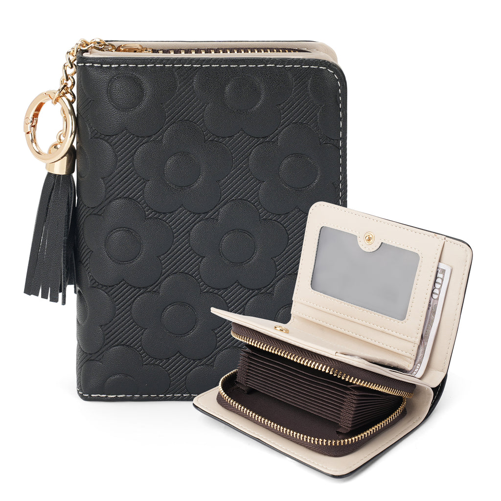 Womens Embossing Flowers Wallet Small Compact RFID Blocking Credit Card Case Purse with Zipper Pocket（BLACK） APHISON