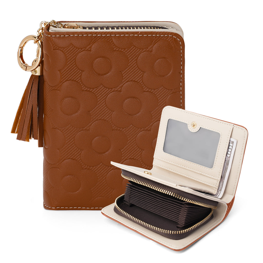 Womens Embossing Flowers Wallet Small Compact RFID Blocking Credit Card Case Purse with Zipper Pocket（BROWN）（复制） APHISON