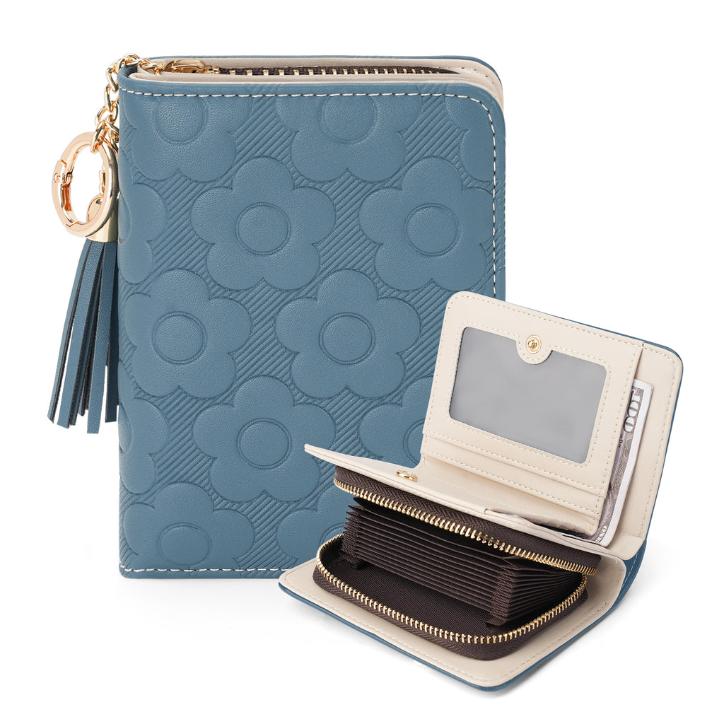 Womens Embossing Flowers Wallet Small Compact RFID Blocking Credit Card Case Purse with Zipper Pocket（PEACOCK-BLUE） APHISON