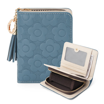 Womens Embossing Flowers Wallet Small Compact RFID Blocking Credit Card Case Purse with Zipper Pocket（PEACOCK-BLUE） APHISON