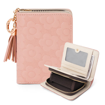 Womens Embossing Flowers Wallet Small Compact RFID Blocking Credit Card Case Purse with Zipper Pocket（PINK） APHISON