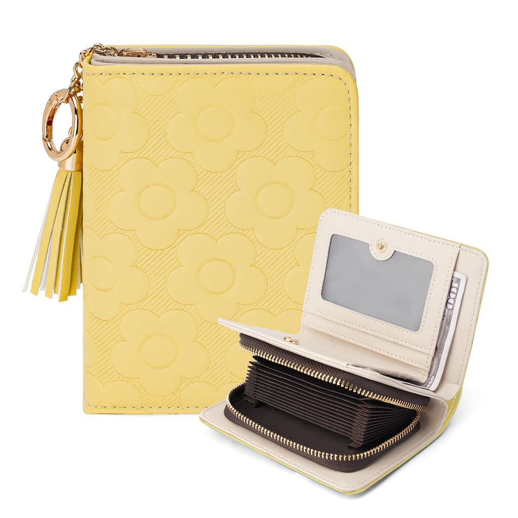 Womens Embossing Flowers Wallet Small Compact RFID Blocking Credit Card Case Purse with Zipper Pocket（YELLOW） APHISON