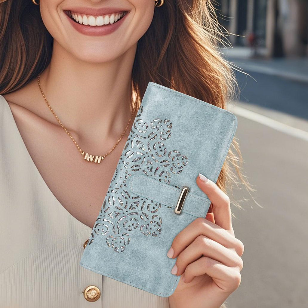 Ultra Slim RFID Wallet Womens Thin Clutch PU Leather Bifold Long Wallet For Women With Hollow Out Mandala（BLUE）（复制） APHISON