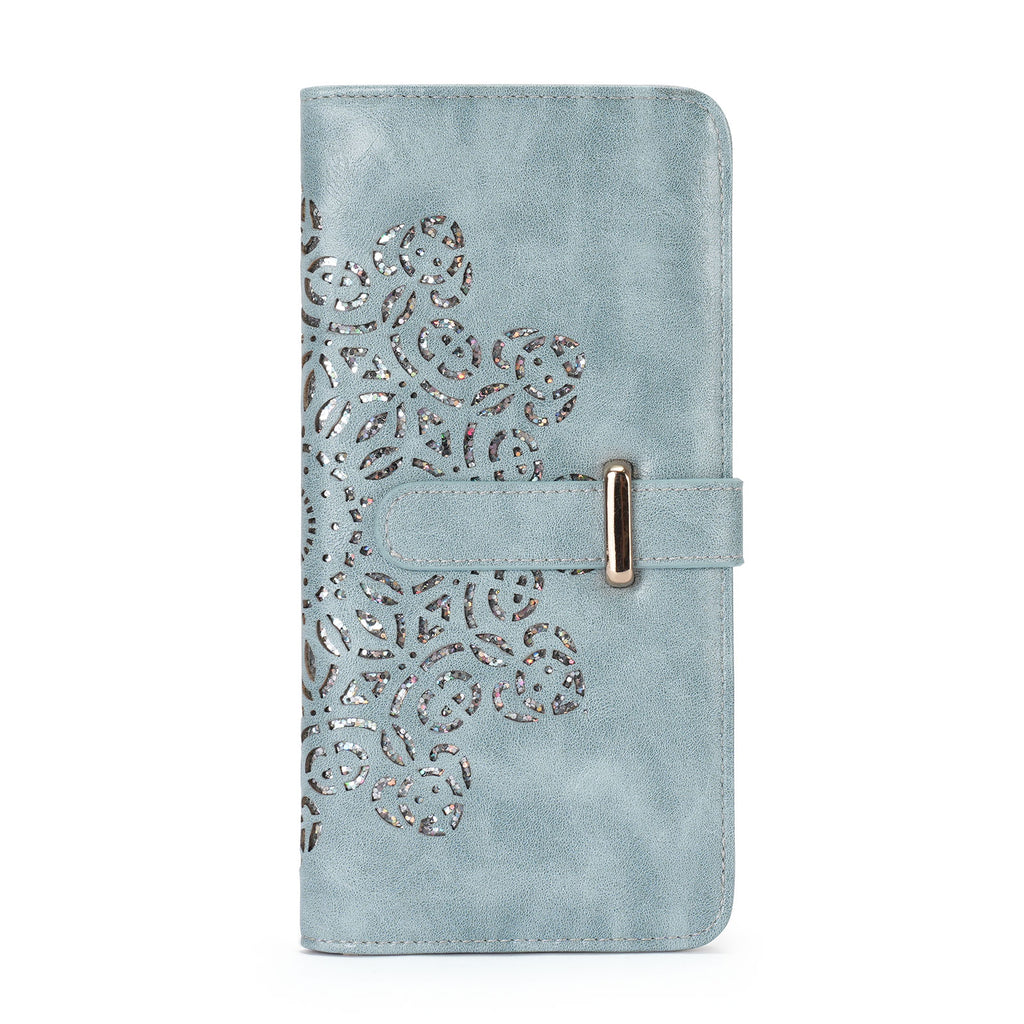 Ultra Slim RFID Wallet Womens Thin Clutch PU Leather Bifold Long Wallet For Women With Hollow Out Mandala（BLUE）（复制） APHISON