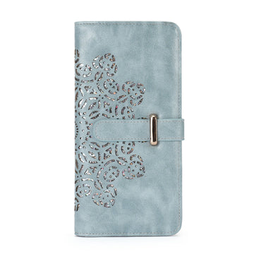 Ultra Slim RFID Wallet Womens Thin Clutch PU Leather Bifold Long Wallet For Women With Hollow Out Mandala（BLUE）（复制） APHISON