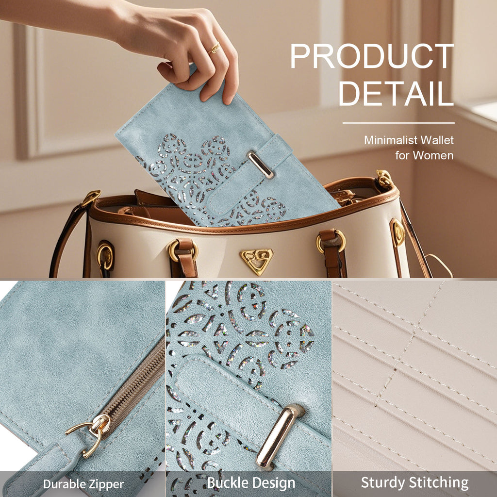 Ultra Slim RFID Wallet Womens Thin Clutch PU Leather Bifold Long Wallet For Women With Hollow Out Mandala（BLUE）（复制） APHISON