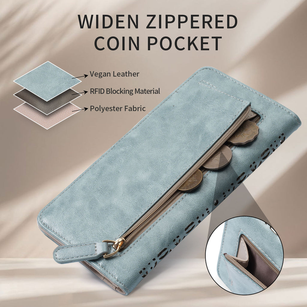 Ultra Slim RFID Wallet Womens Thin Clutch PU Leather Bifold Long Wallet For Women With Hollow Out Mandala（BLUE）（复制） APHISON
