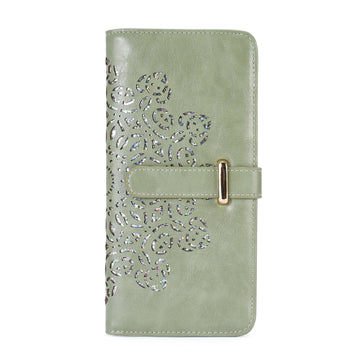 Ultra Slim RFID Wallet Womens Thin Clutch PU Leather Bifold Long Wallet For Women With Hollow Out Mandala（GREEN） APHISON