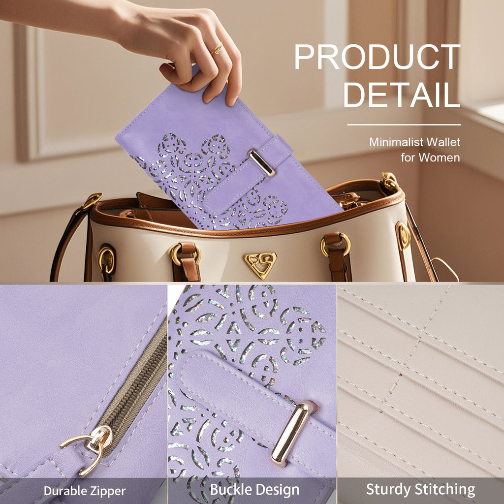 Ultra Slim RFID Wallet Womens Thin Clutch PU Leather Bifold Long Wallet For Women With Hollow Out Mandala（PURPLE） APHISON