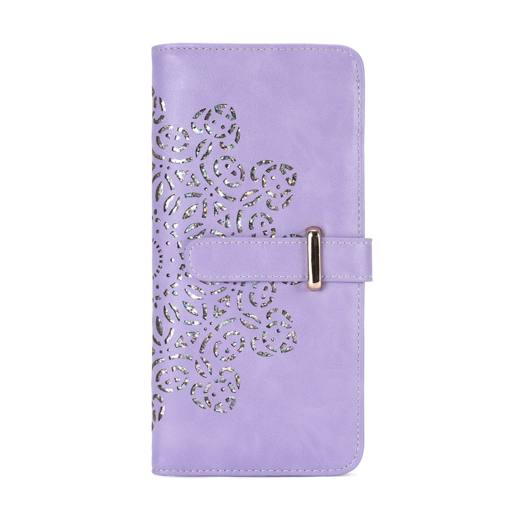Ultra Slim RFID Wallet Womens Thin Clutch PU Leather Bifold Long Wallet For Women With Hollow Out Mandala（PURPLE） APHISON