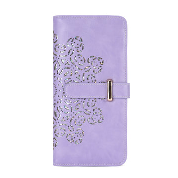 Ultra Slim RFID Wallet Womens Thin Clutch PU Leather Bifold Long Wallet For Women With Hollow Out Mandala（PURPLE） APHISON