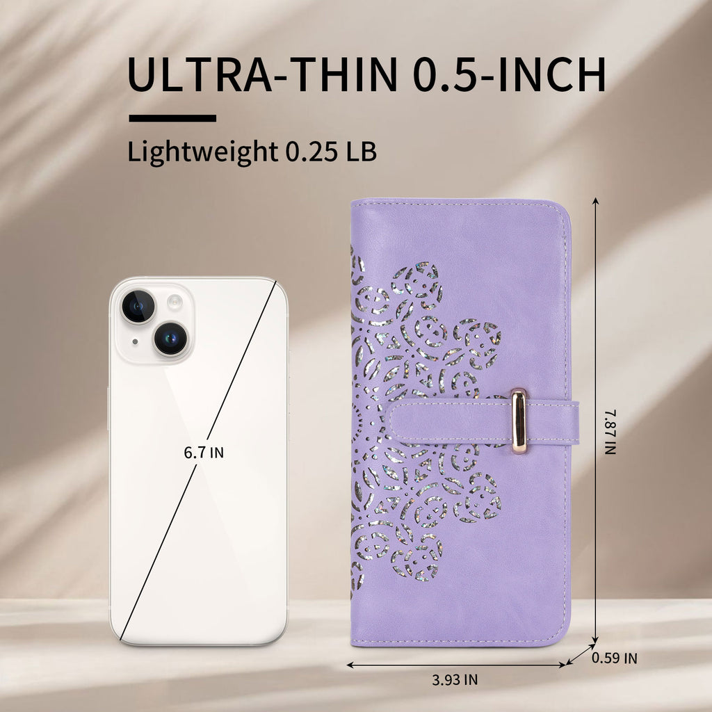 Ultra Slim RFID Wallet Womens Thin Clutch PU Leather Bifold Long Wallet For Women With Hollow Out Mandala（PURPLE） APHISON