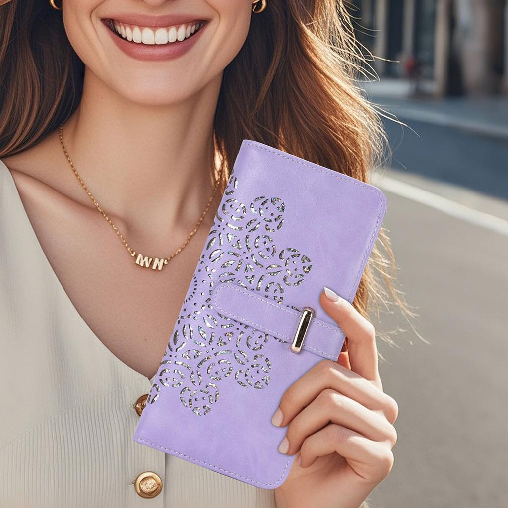 Ultra Slim RFID Wallet Womens Thin Clutch PU Leather Bifold Long Wallet For Women With Hollow Out Mandala（PURPLE） APHISON
