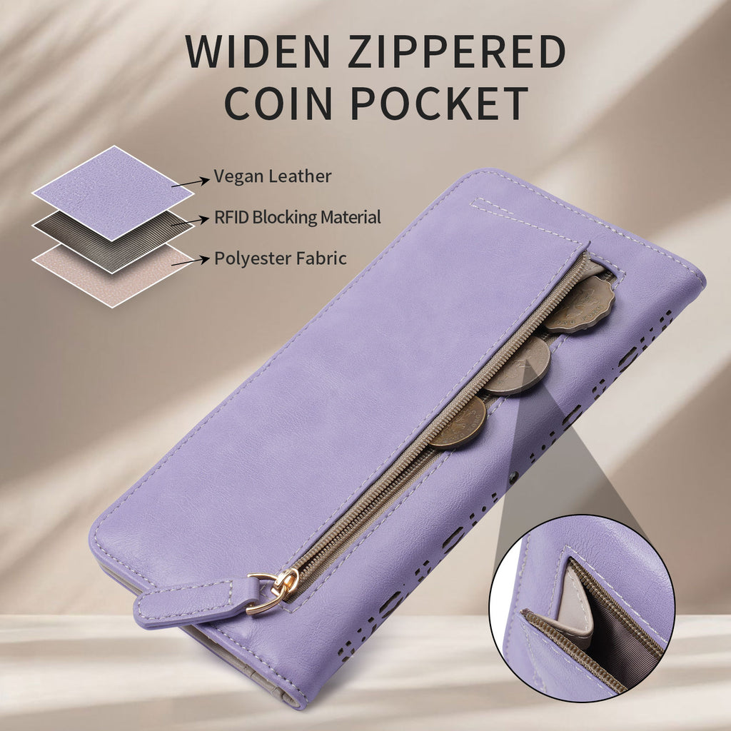 Ultra Slim RFID Wallet Womens Thin Clutch PU Leather Bifold Long Wallet For Women With Hollow Out Mandala（PURPLE） APHISON