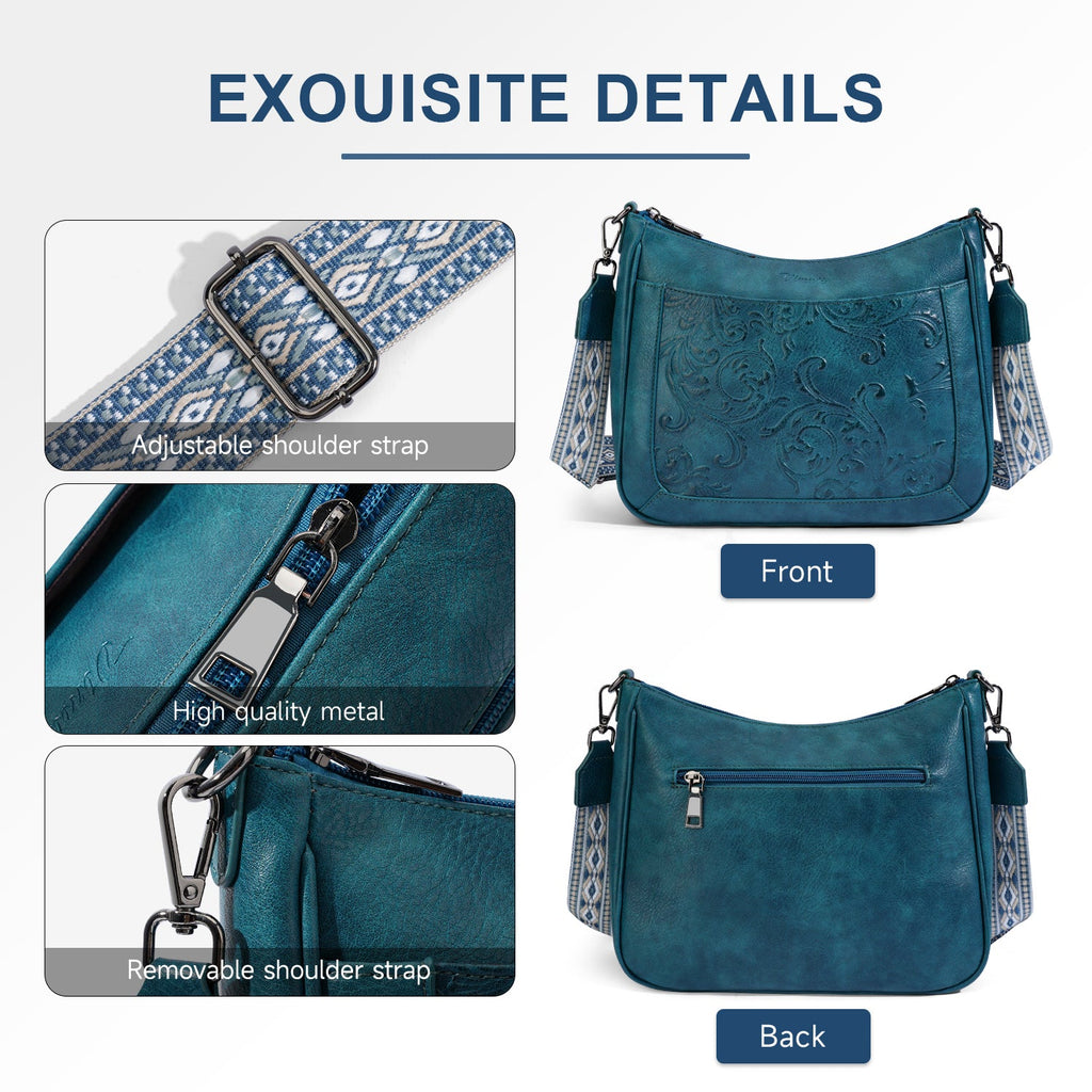 Embossed Flower Crossbody Bags for Women, Peacock Blue APHISON