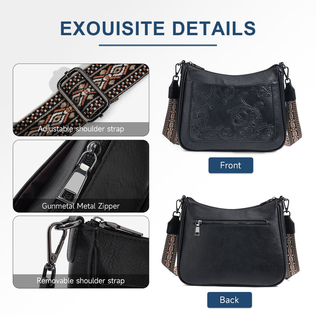 Embossed Flower Crossbody Bags for Women, Black APHISON