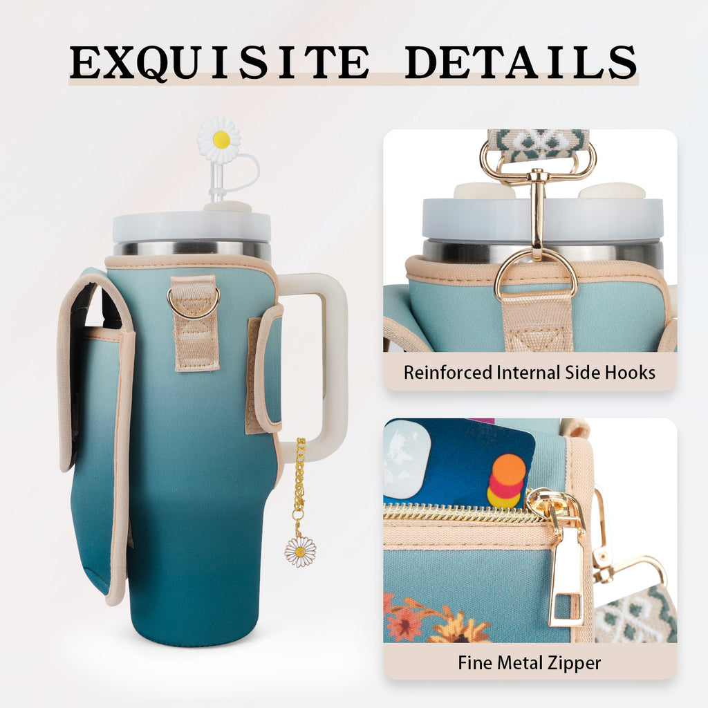 Water Bottle Carrier Bag for Stanley 40 oz Tumbler with Phone Pocket Purses Water Bottle Holder with Adjustable Wide Strap, 87A GREEN-BLUE APHISON