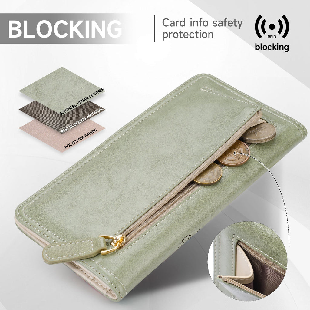 Butterfly RFID Ultra Slim Bifold Long Wallet, Green APHISON
